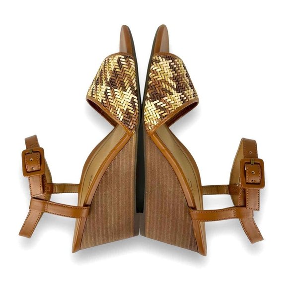 Vionic Clarita Size 10 Orthotic Strappy Brown Leather Woven T-Strap Wedge Sandal - Picture 4 of 7